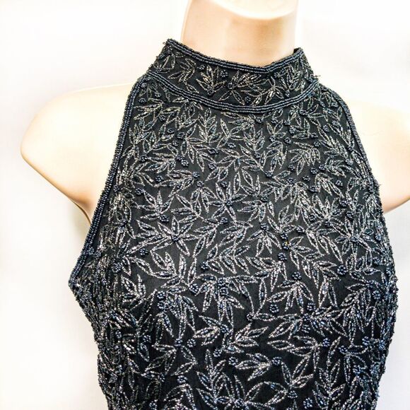 Black Silk Beaded Mock Neck Halter Top Shell Sz MP Papell Boutique - Picture 3 of 12